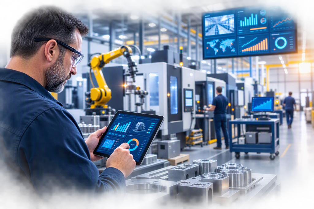 Manufacturing manager reviewing production analytics and ERP data in a modern smart factory environment.
