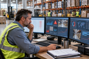 Manufacturing manager reviewing inventory discrepancies and ERP reports inside a warehouse