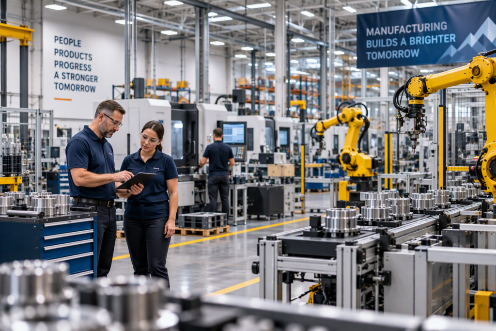 Manufacturing professionals working in a modern automated production facility