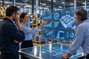 Manufacturing leadership team reviewing advanced ERP analytics and digital transformation dashboards