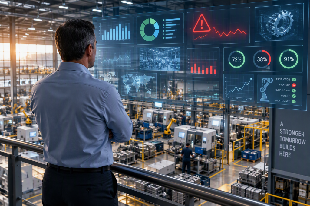 Manufacturing executive reviewing ERP performance dashboards and operational metrics inside a modern manufacturing facility